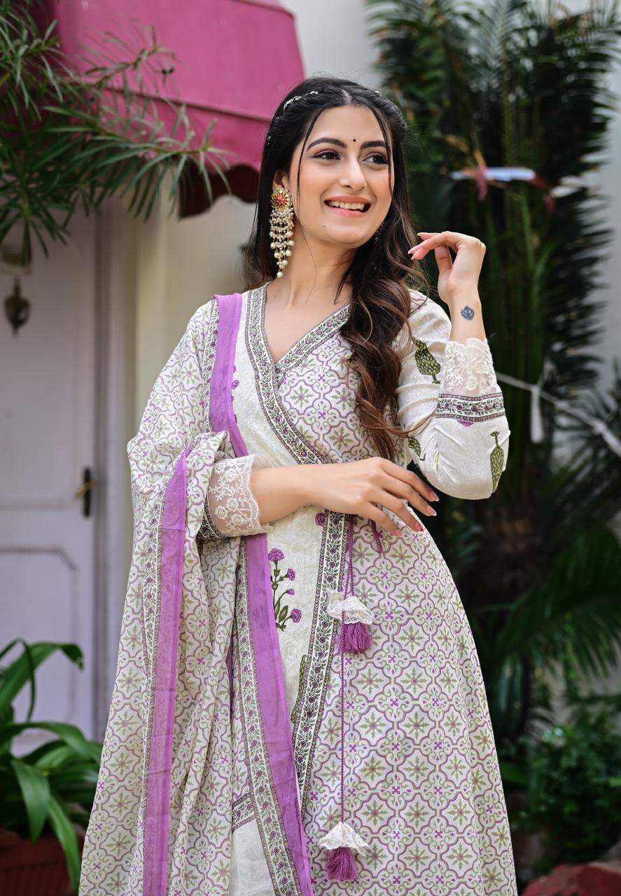 Gulabnoor-Handblock Elegance in Lavender Bloom